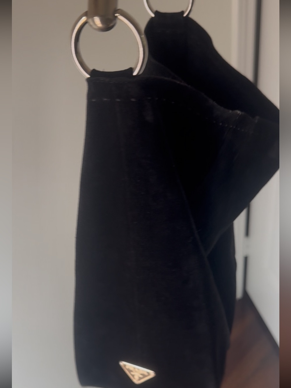 Prada Black Velvet Shoulder Bag with Silver Rings
